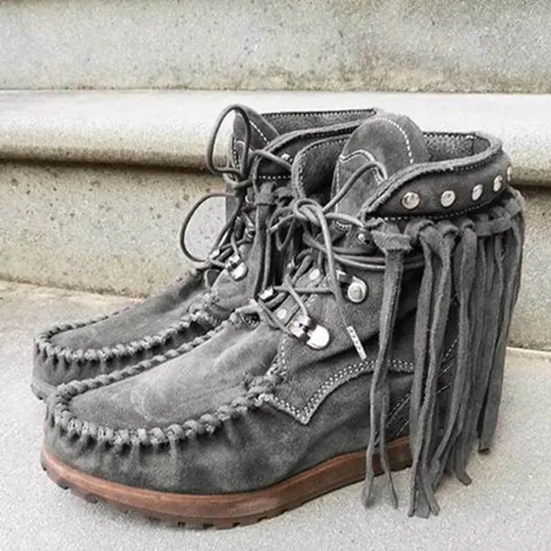 Ankle Fringe Suede Lace Up Flat Boots