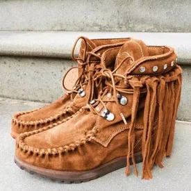 Ankle Fringe Suede Lace Up Flat Boots