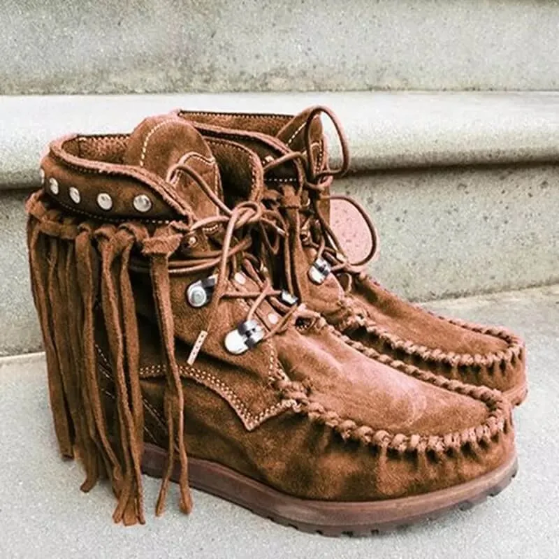 Ankle Fringe Suede Lace Up Flat Boots
