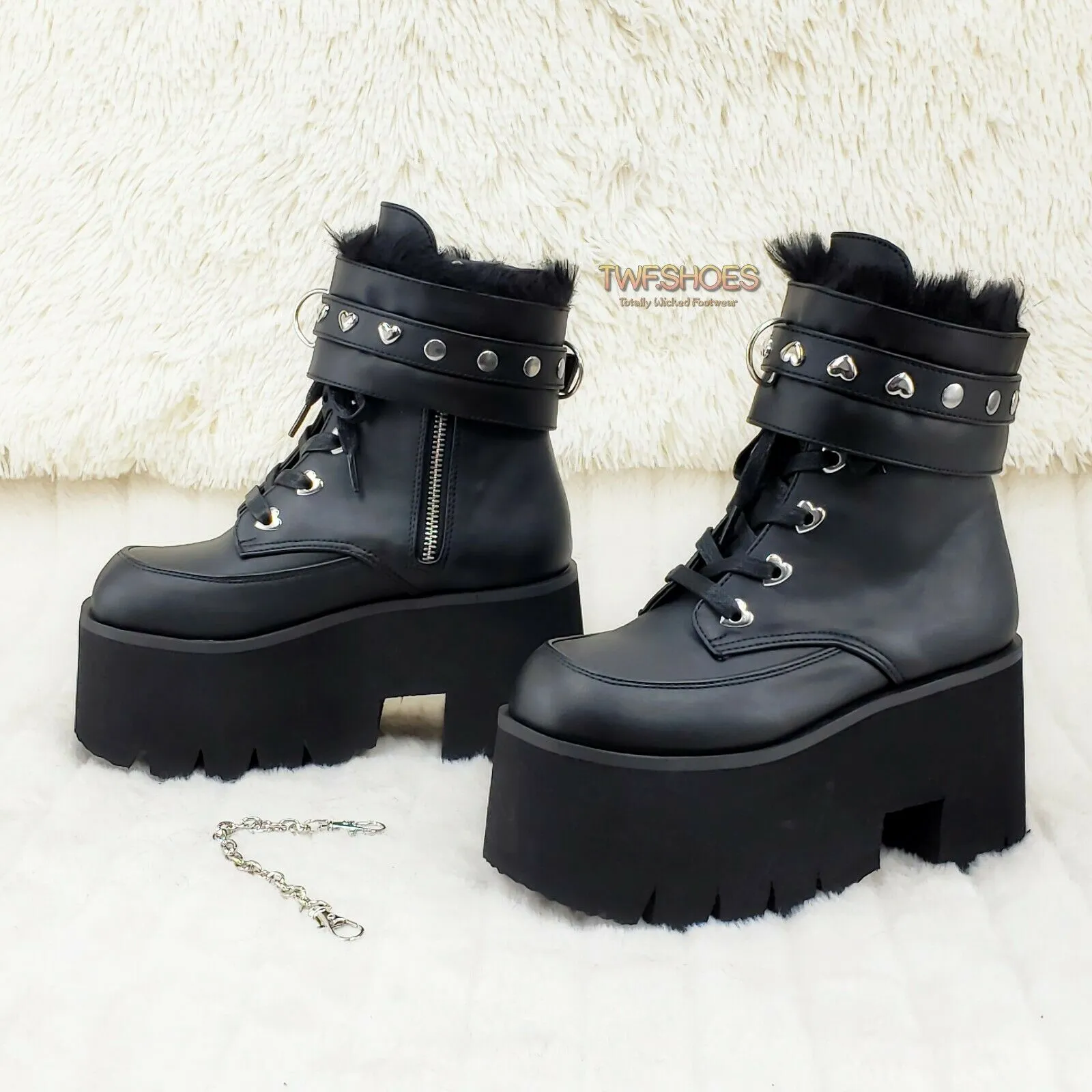 Ashes 57 Black Heart Studs 3.5" Platform Goth Boots Fur Lined Cuffs & Chain NY