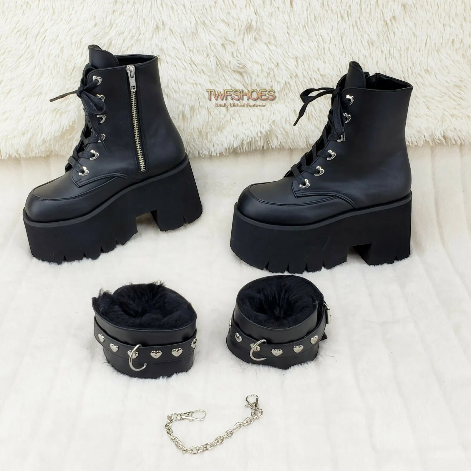 Ashes 57 Black Heart Studs 3.5" Platform Goth Boots Fur Lined Cuffs & Chain NY