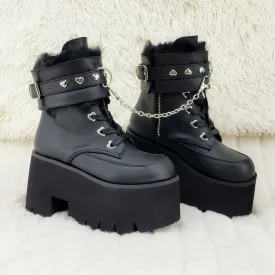 Ashes 57 Black Heart Studs 3.5" Platform Goth Boots Fur Lined Cuffs & Chain NY