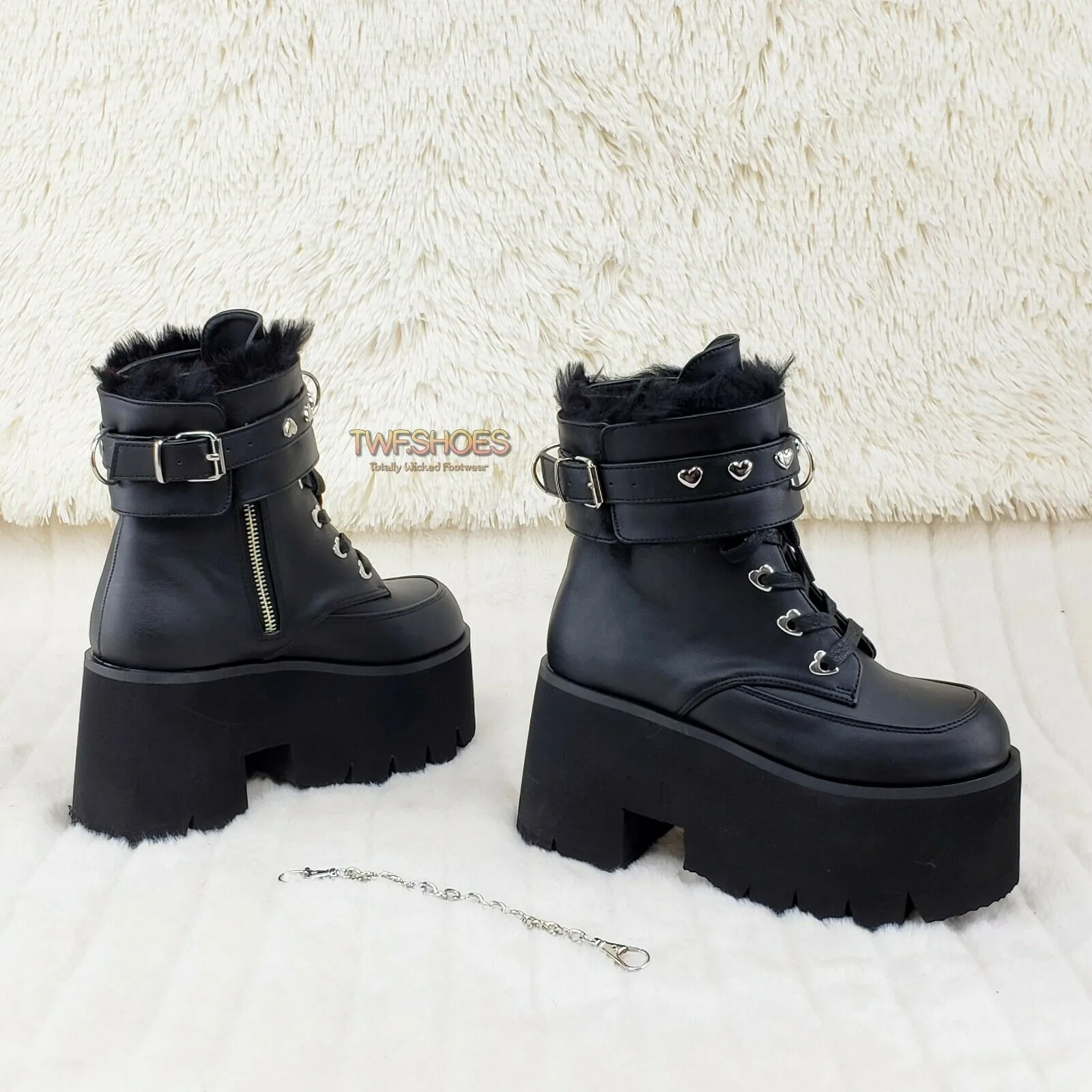 Ashes 57 Black Heart Studs 3.5" Platform Goth Boots Fur Lined Cuffs & Chain NY