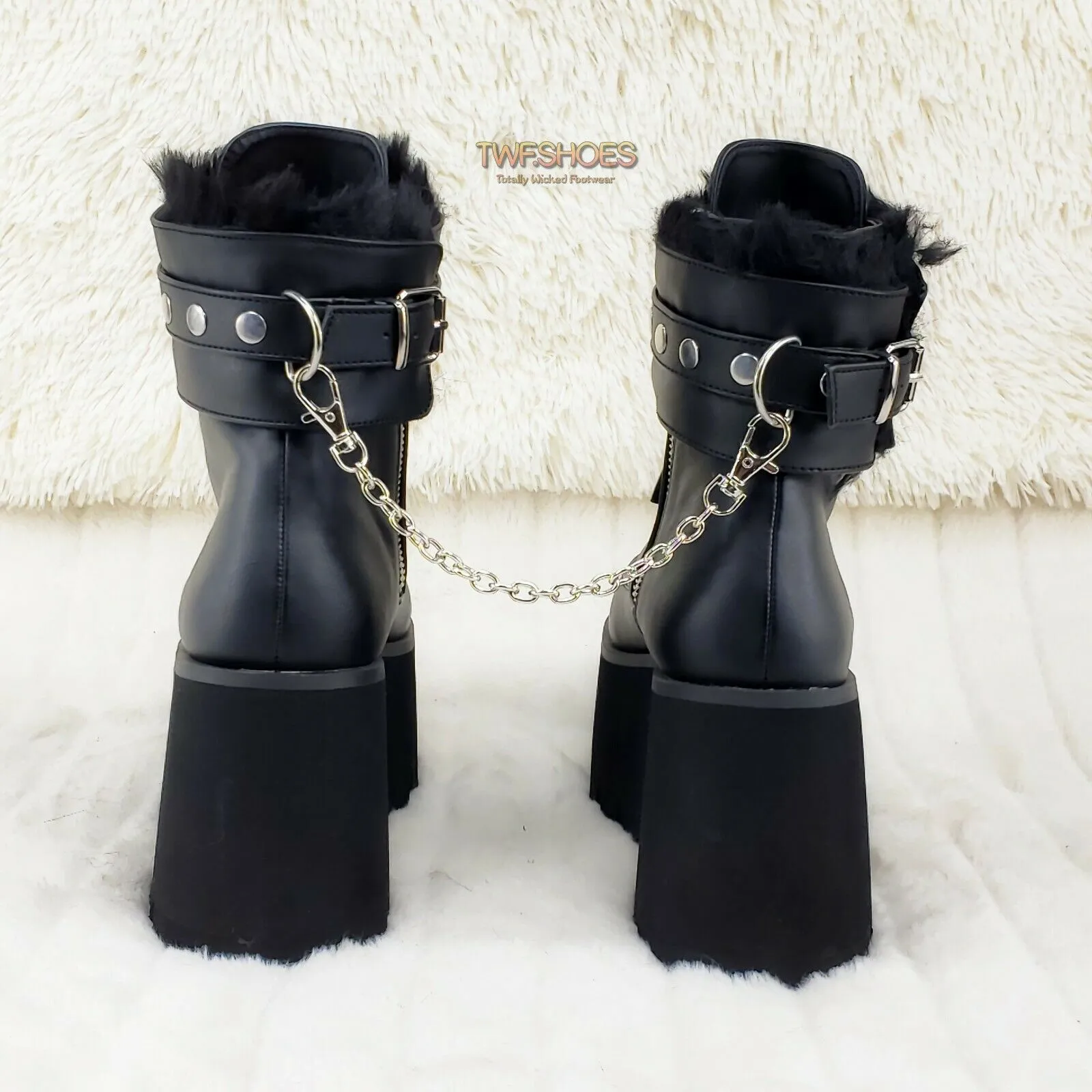 Ashes 57 Black Heart Studs 3.5" Platform Goth Boots Fur Lined Cuffs & Chain NY