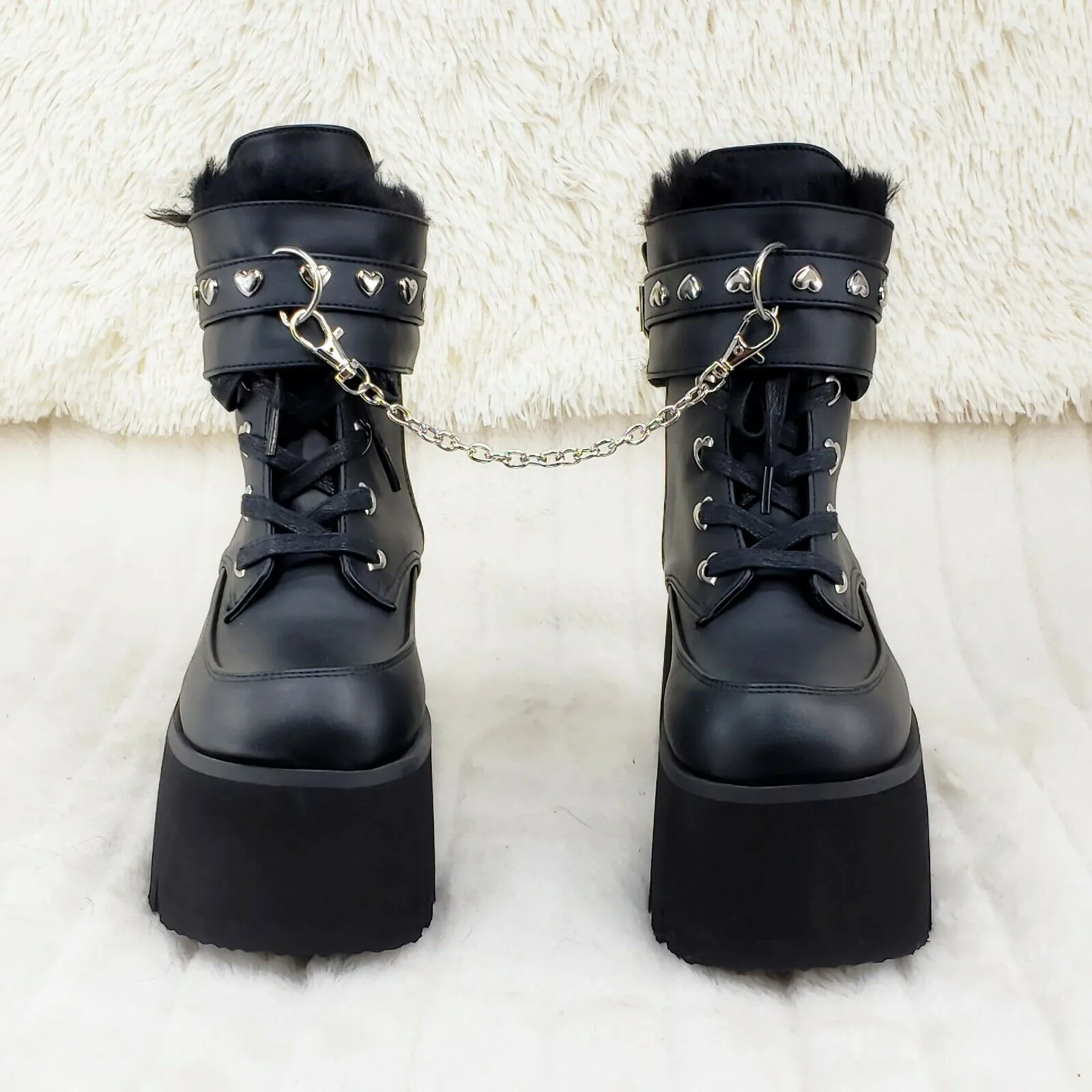 Ashes 57 Black Heart Studs 3.5" Platform Goth Boots Fur Lined Cuffs & Chain NY