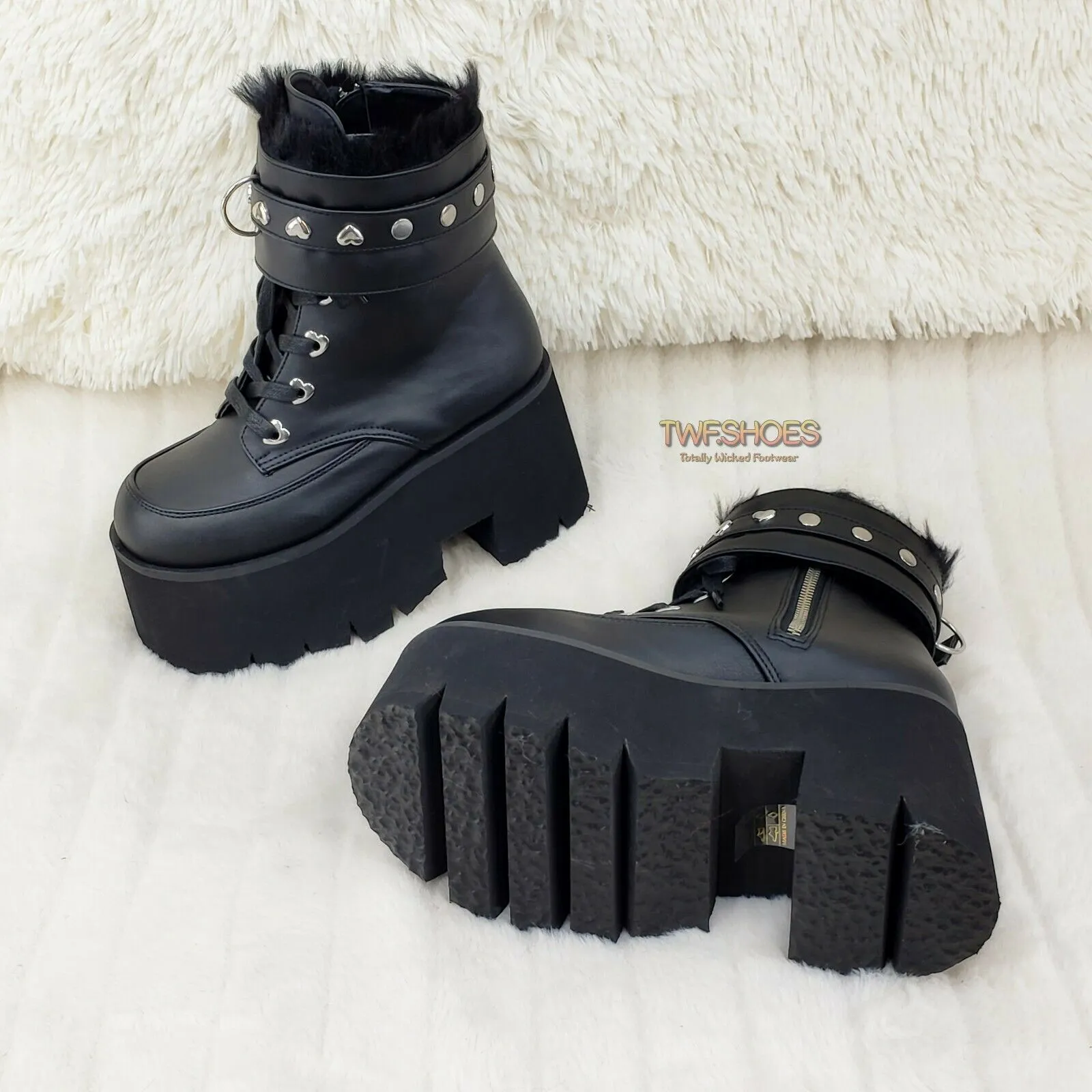 Ashes 57 Black Heart Studs 3.5" Platform Goth Boots Fur Lined Cuffs & Chain NY