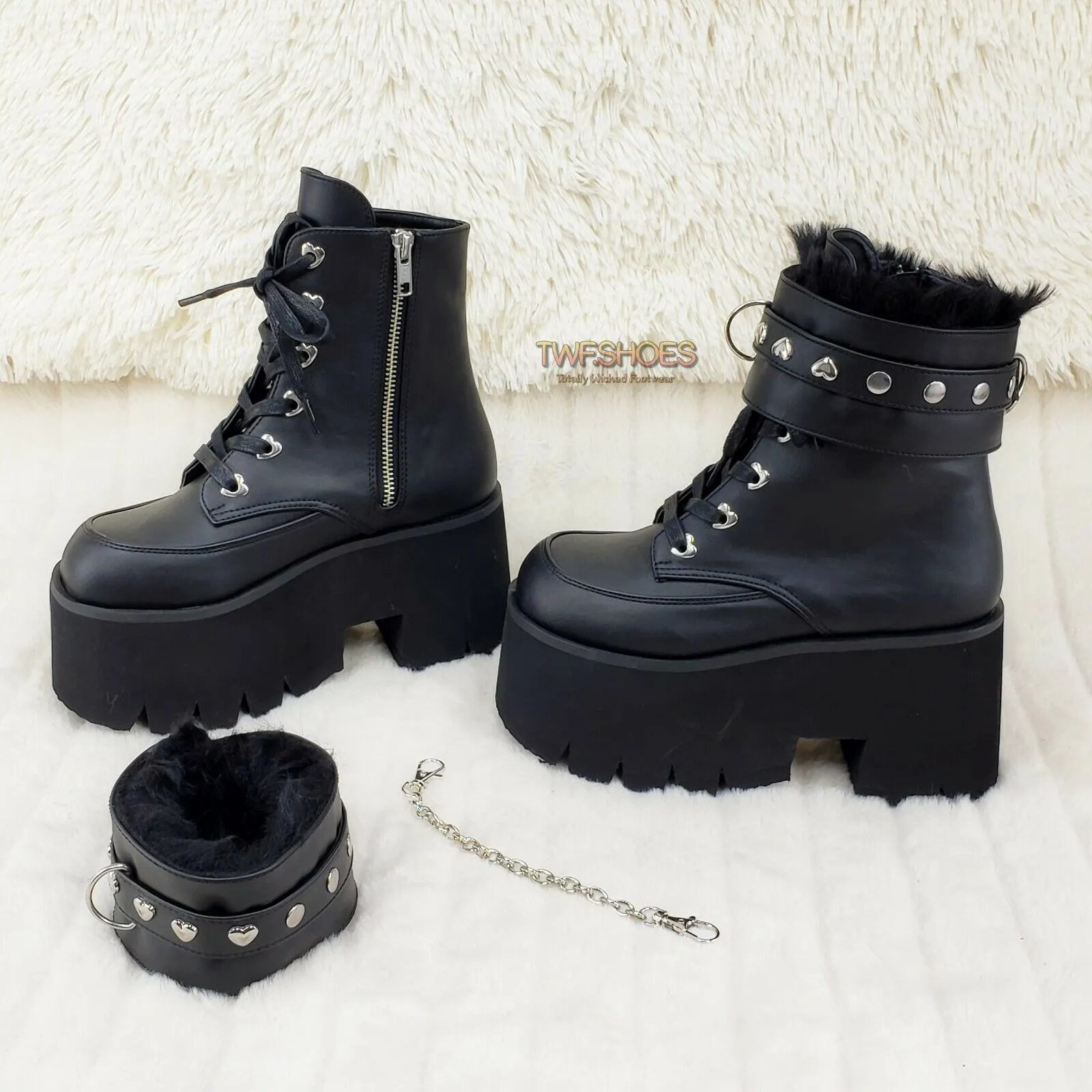 Ashes 57 Black Heart Studs 3.5" Platform Goth Boots Fur Lined Cuffs & Chain NY