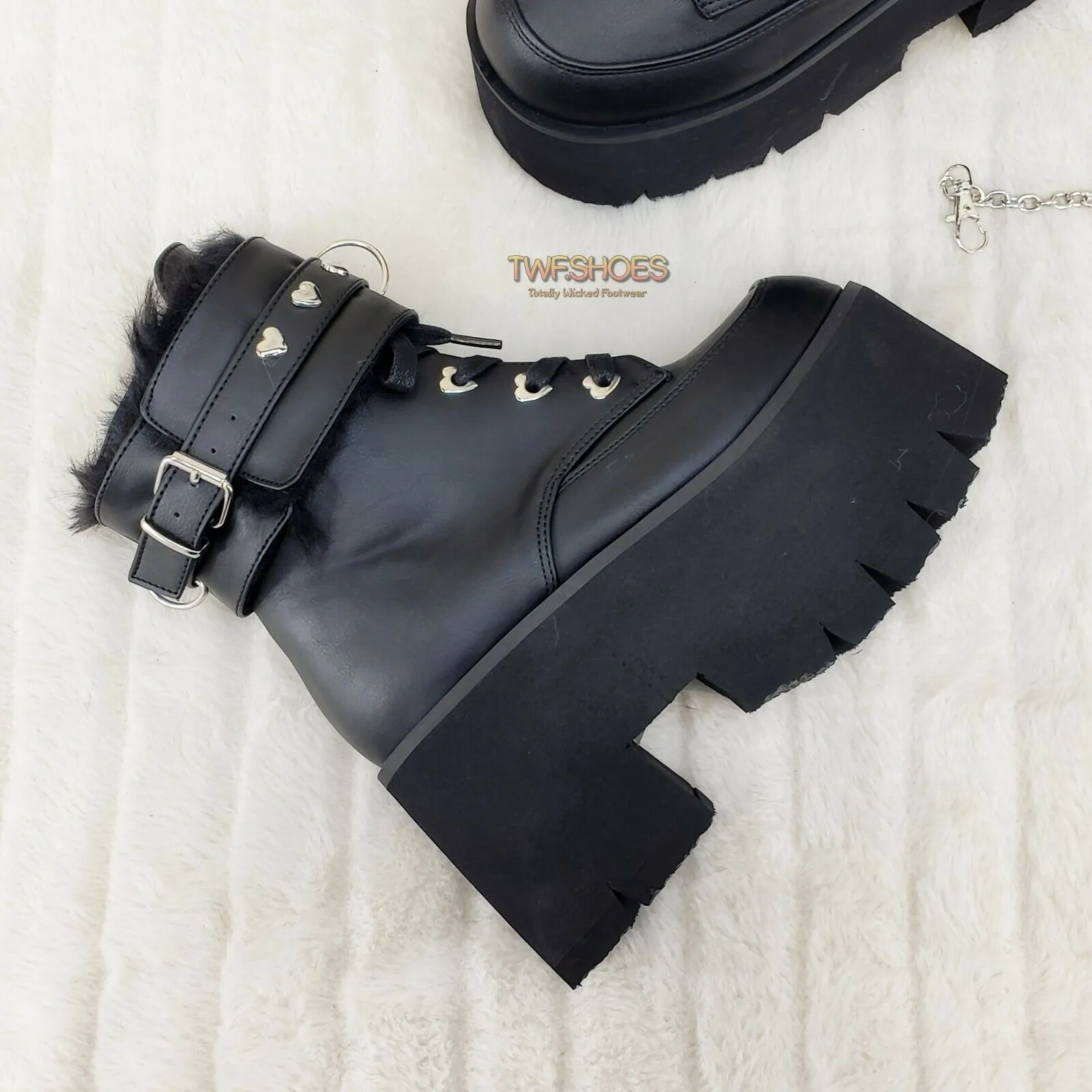 Ashes 57 Black Heart Studs 3.5" Platform Goth Boots Fur Lined Cuffs & Chain NY