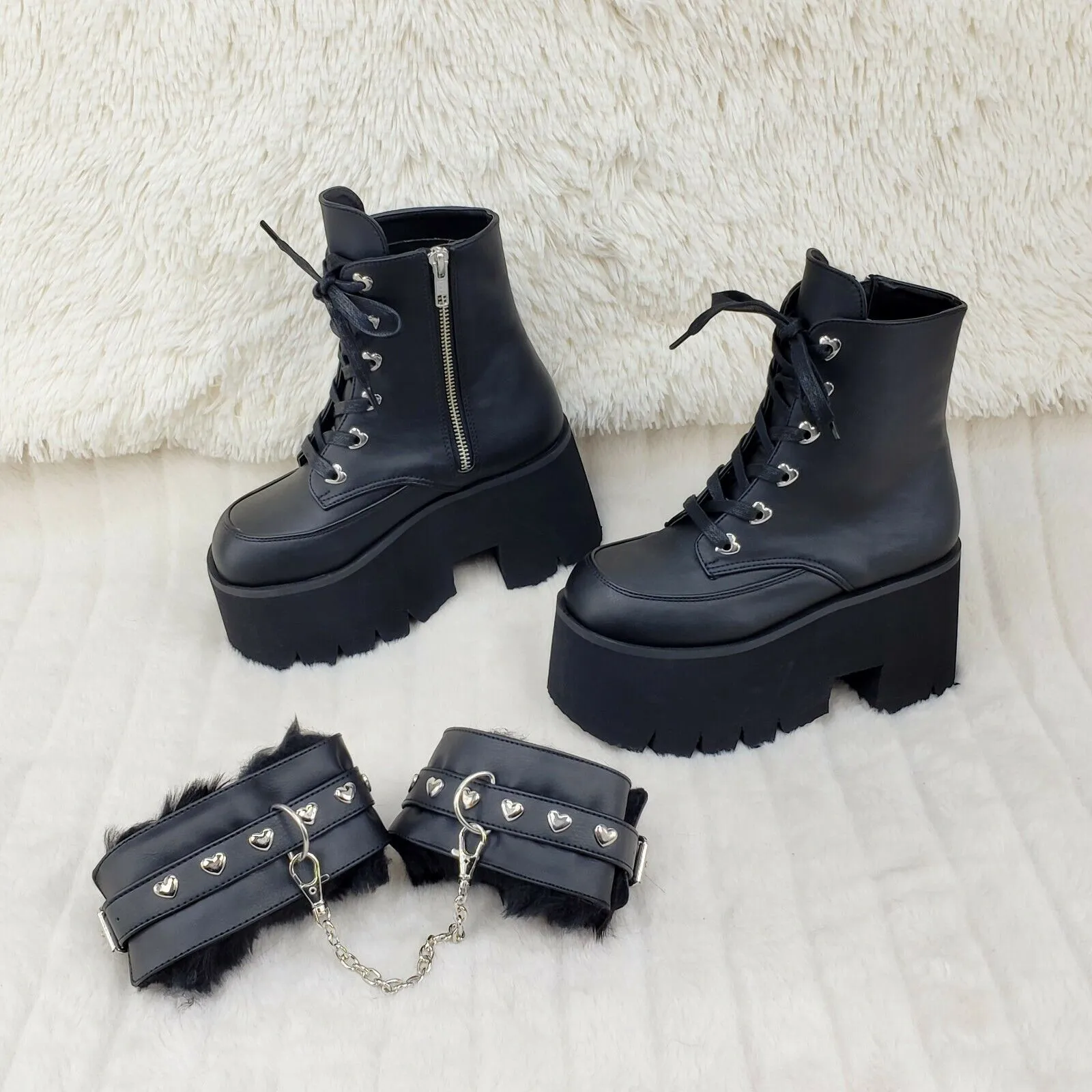 Ashes 57 Black Heart Studs 3.5" Platform Goth Boots Fur Lined Cuffs & Chain NY