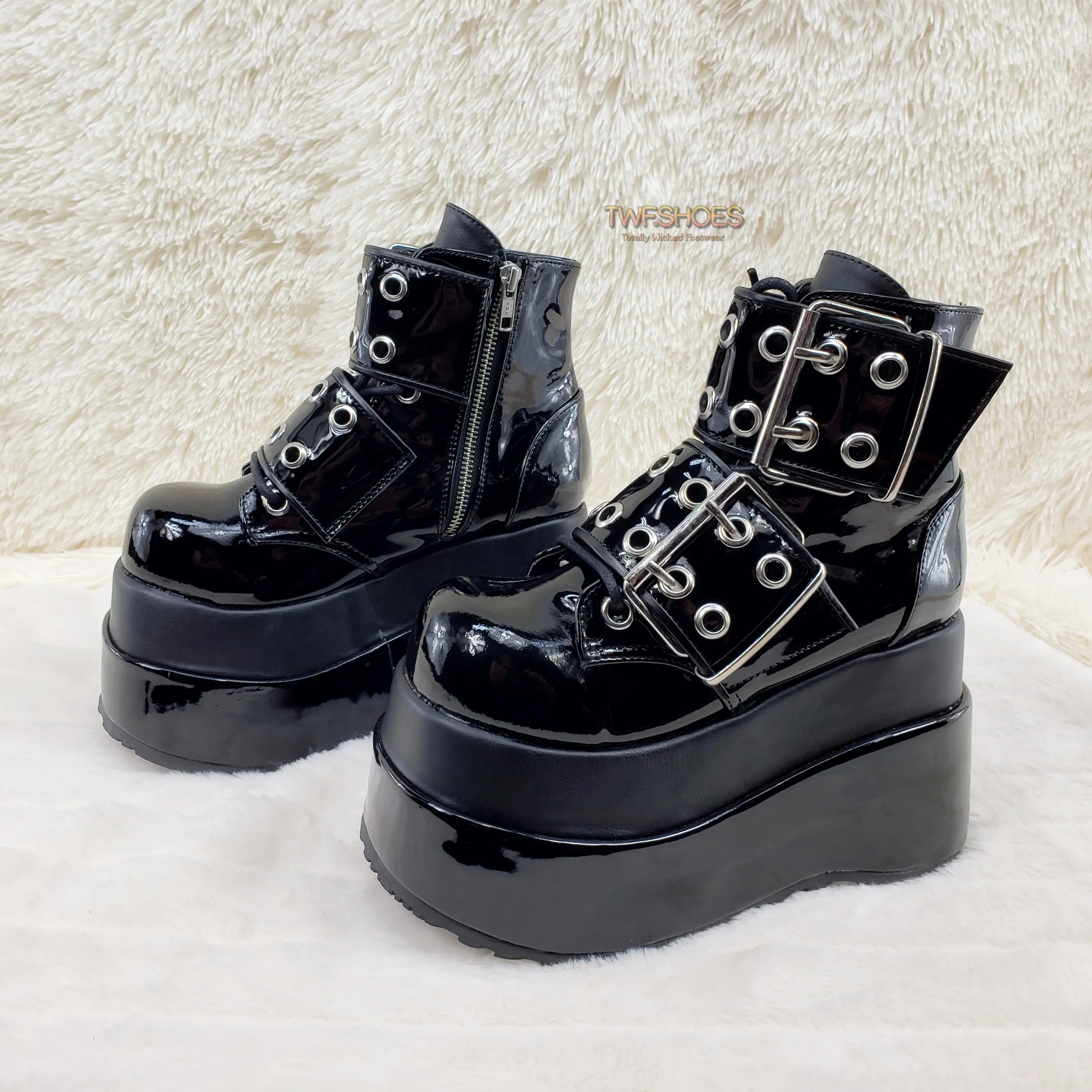 Bear 104 Black Patent 4.5" Goth Punk Rock Platform Lace Up Ankle Boot Restocked