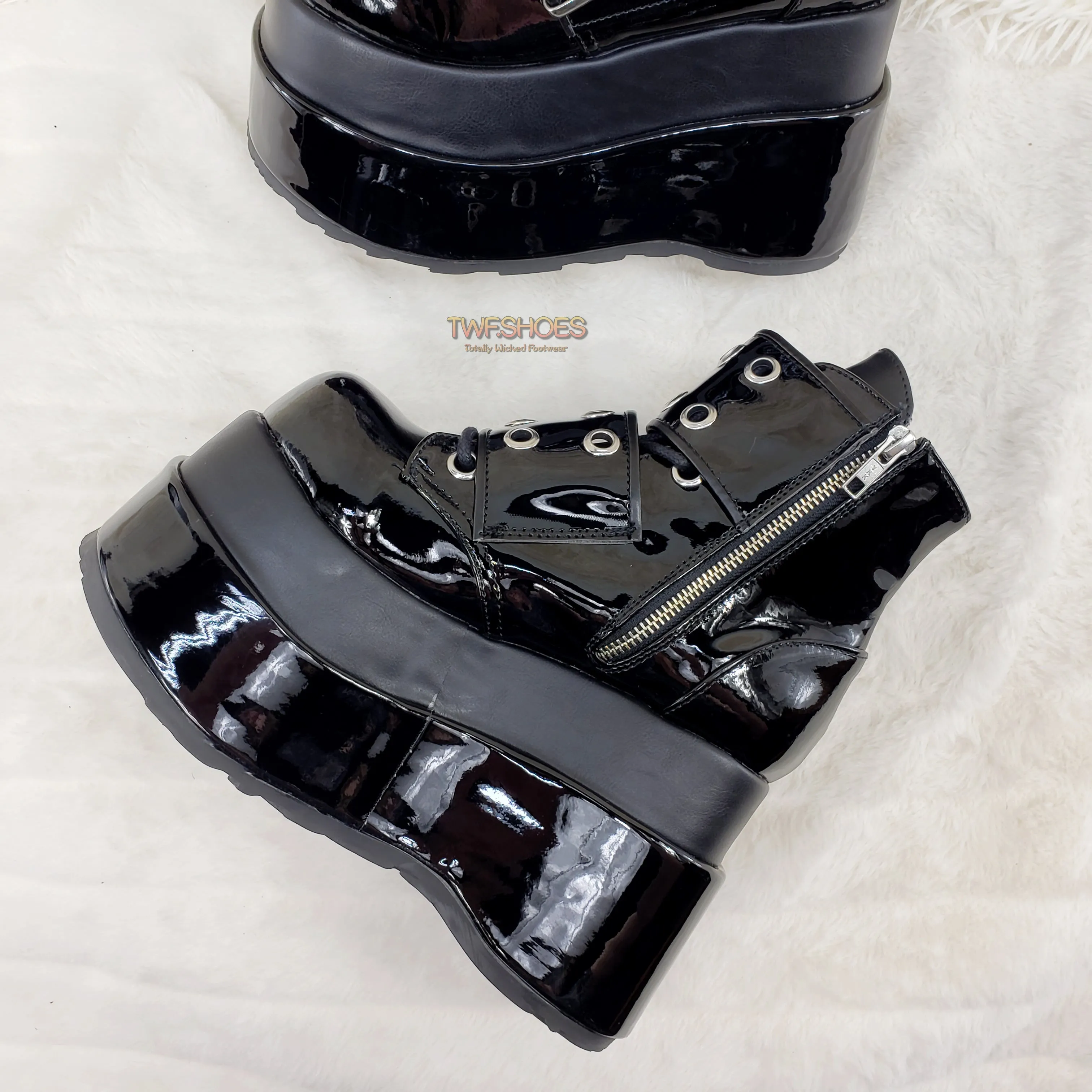 Bear 104 Black Patent 4.5" Goth Punk Rock Platform Lace Up Ankle Boot Restocked