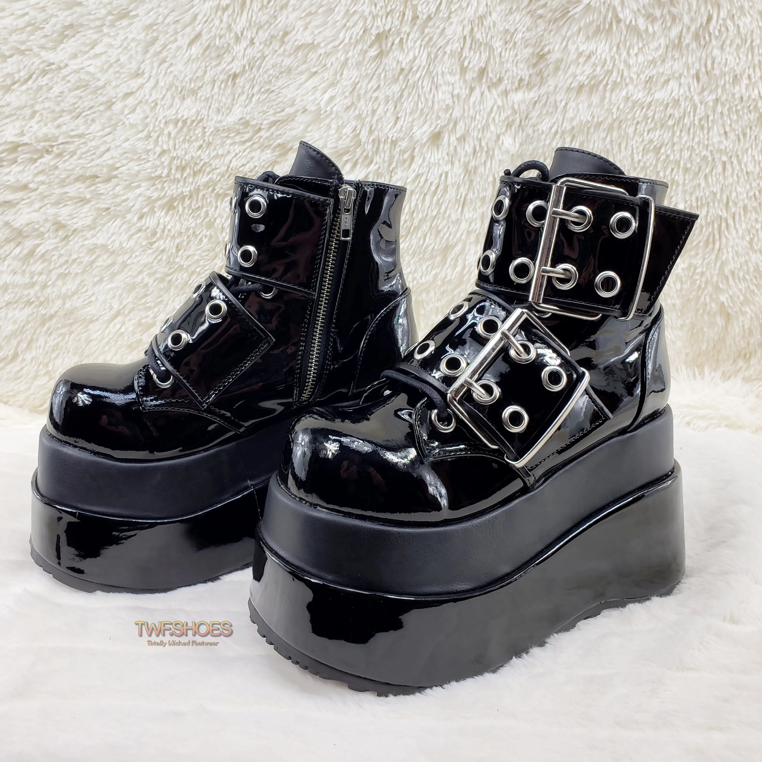 Bear 104 Black Patent 4.5" Goth Punk Rock Platform Lace Up Ankle Boot Restocked