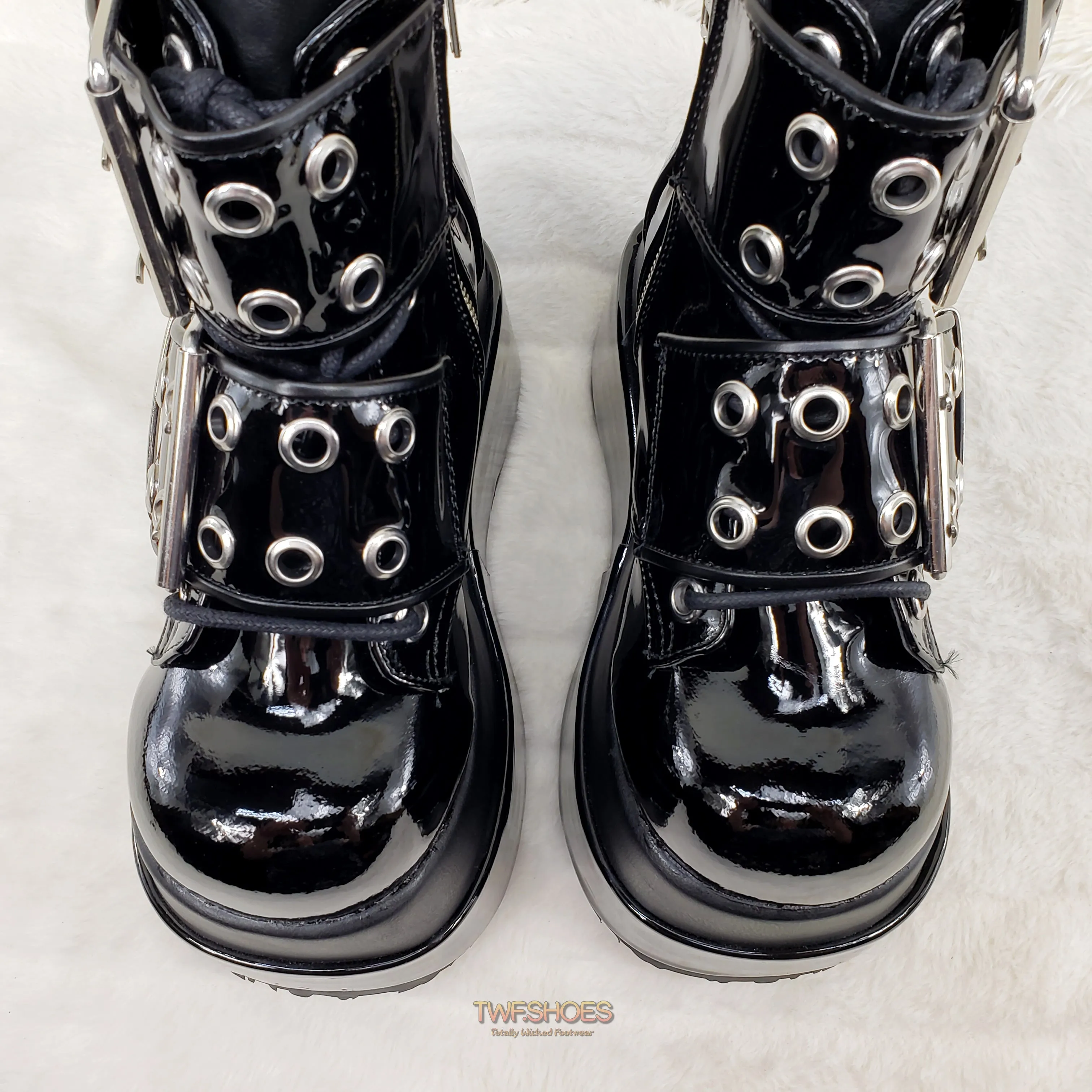 Bear 104 Black Patent 4.5" Goth Punk Rock Platform Lace Up Ankle Boot Restocked