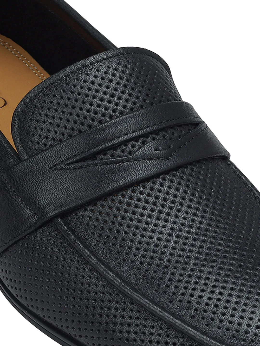 Black Perforated Leather Loafers