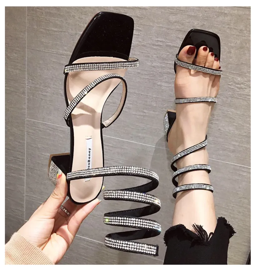 BOOPDO DESIGN DIAMANTE STRAPPY BLOCK HEELED SANDALS