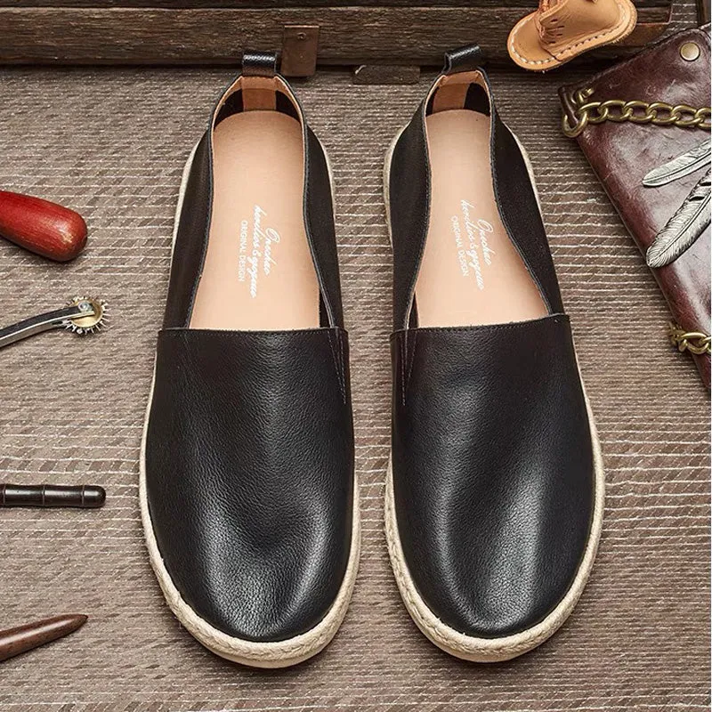 Brown casual flat men's shoes Leather fisherman shoes Low top loafers