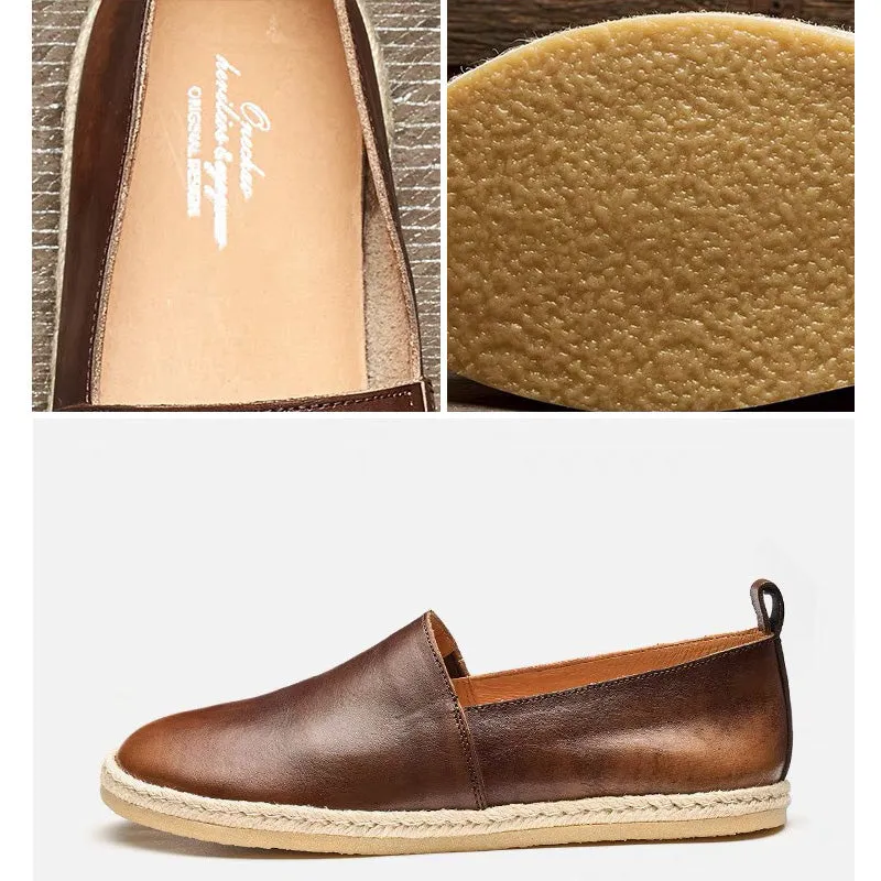 Brown casual flat men's shoes Leather fisherman shoes Low top loafers