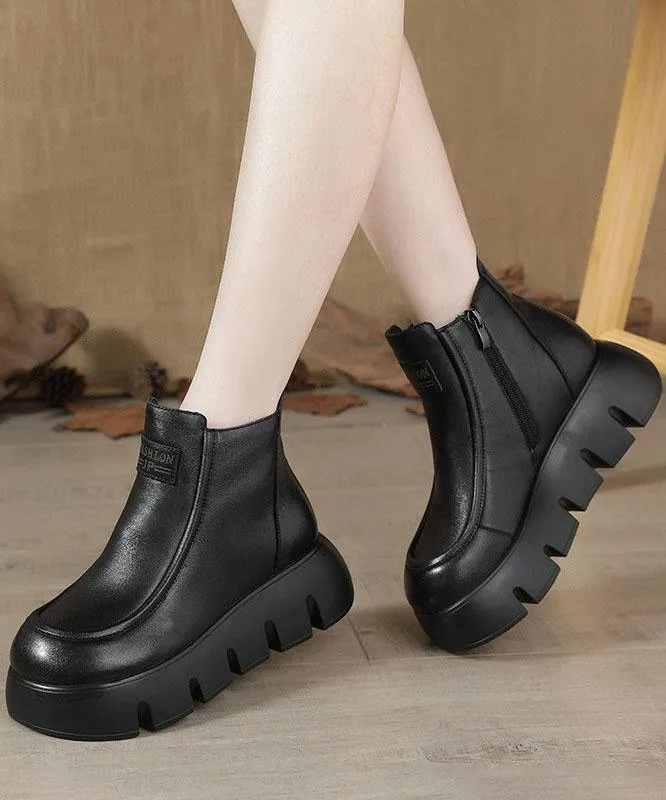 Brown zippered Platform Cowhide Leather Boots Splicing Boots RD020