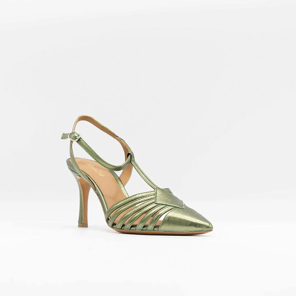 Caged Point-toe Green Metallic Sandal