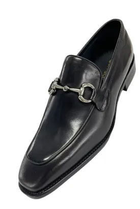 Carrucci black genuine leather men's slip on dress shoes silver buckle