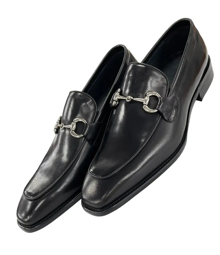 Carrucci black genuine leather men's slip on dress shoes silver buckle