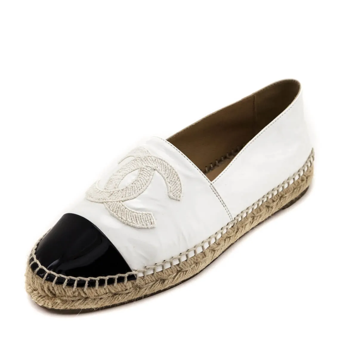 Chanel White & Black Patent Leather CC Espadrilles Size 7 | EU 37