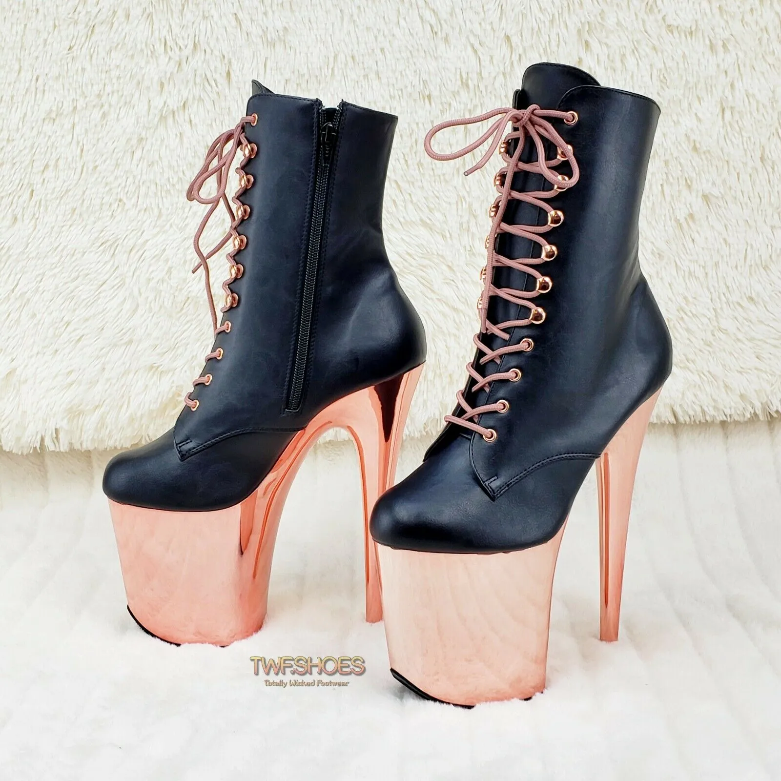 Flamingo 1020 Black Matte Rose Gold Platform 8" Heel Ankle Boots 10 & 12 NY