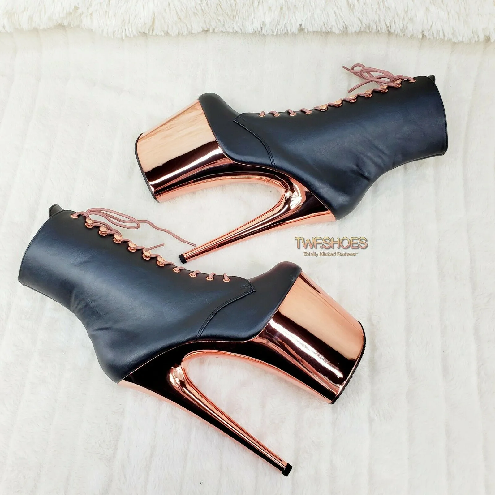 Flamingo 1020 Black Matte Rose Gold Platform 8" Heel Ankle Boots 10 & 12 NY