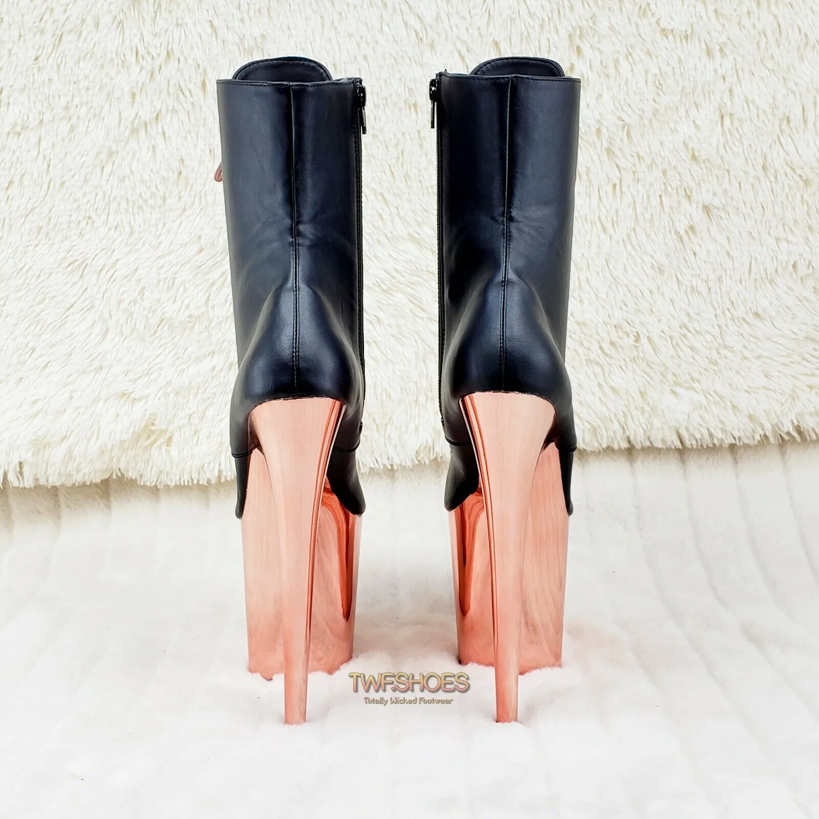 Flamingo 1020 Black Matte Rose Gold Platform 8" Heel Ankle Boots 10 & 12 NY