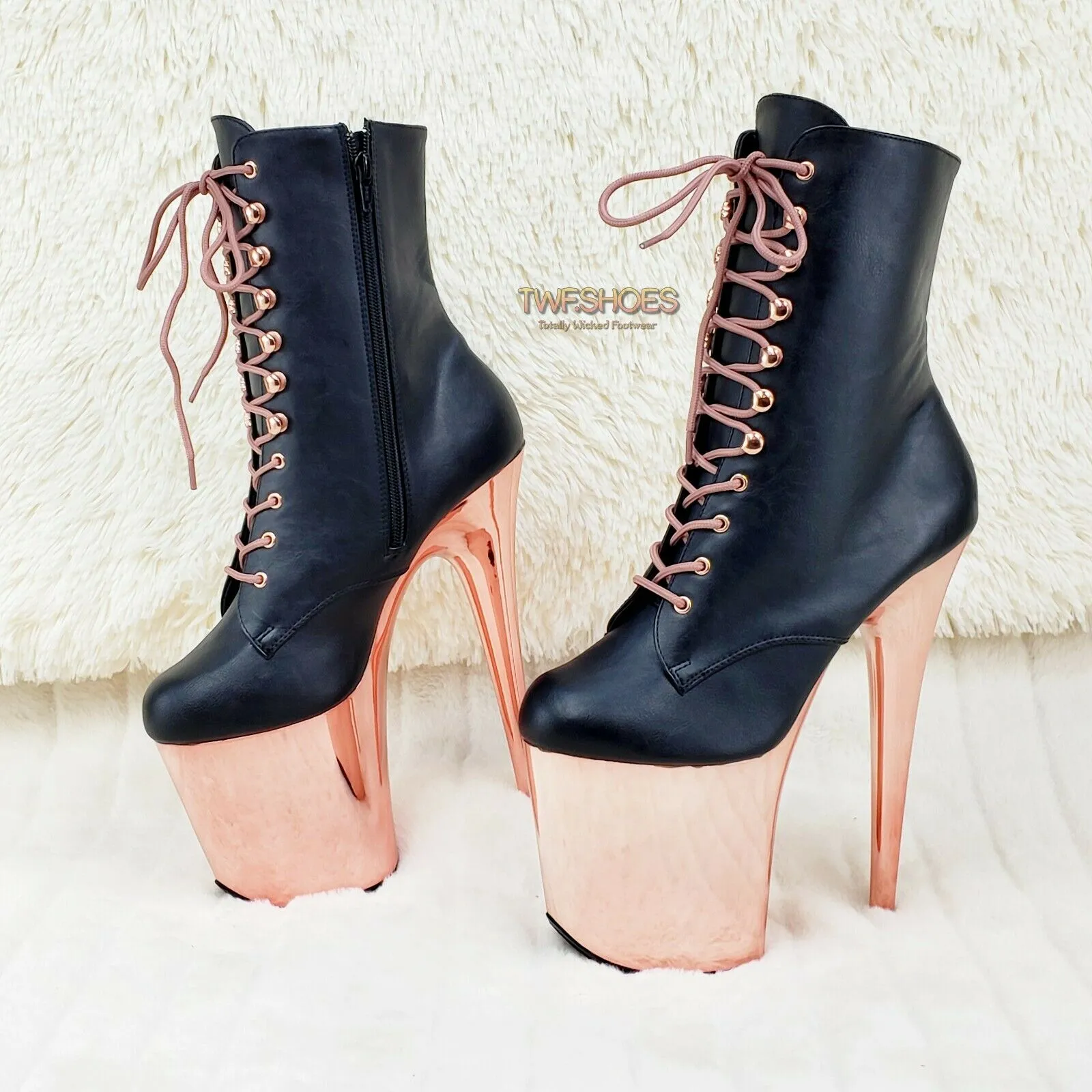 Flamingo 1020 Black Matte Rose Gold Platform 8" Heel Ankle Boots 10 & 12 NY