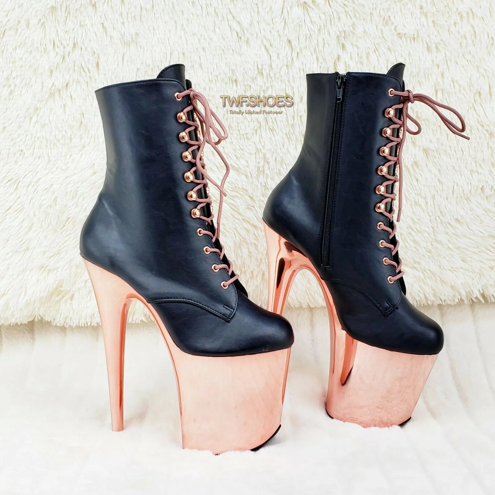 Flamingo 1020 Black Matte Rose Gold Platform 8" Heel Ankle Boots 10 & 12 NY
