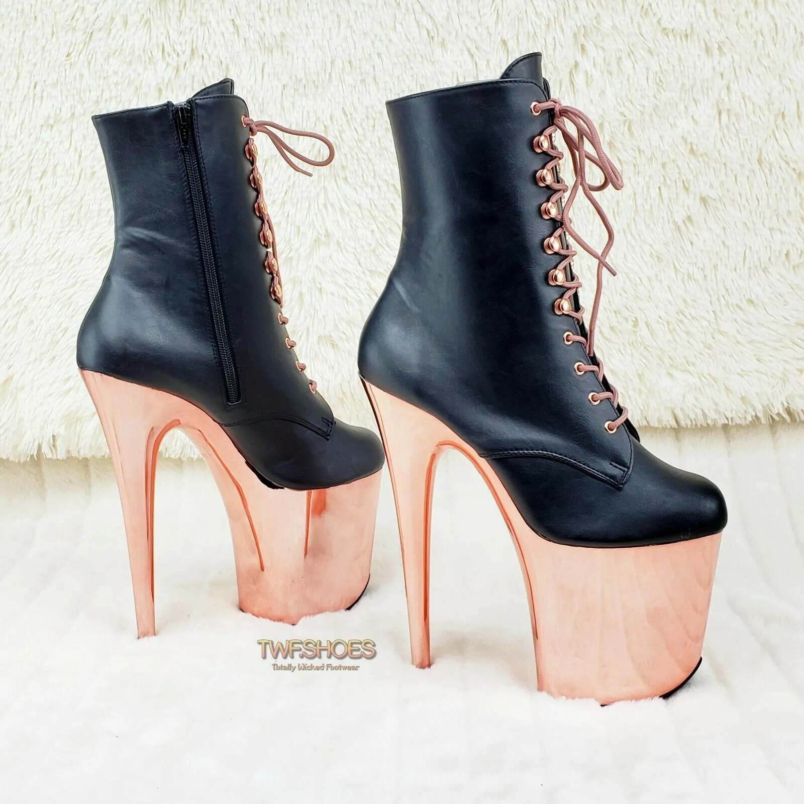Flamingo 1020 Black Matte Rose Gold Platform 8" Heel Ankle Boots 10 & 12 NY