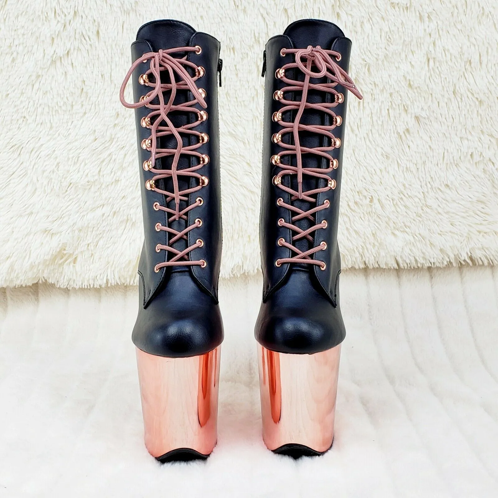 Flamingo 1020 Black Matte Rose Gold Platform 8" Heel Ankle Boots 10 & 12 NY