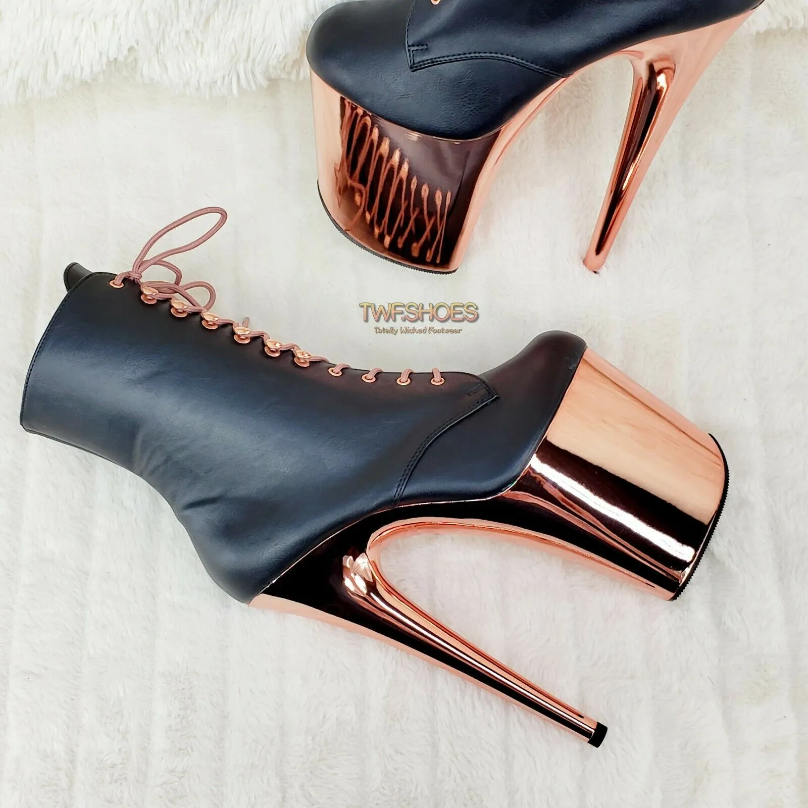 Flamingo 1020 Black Matte Rose Gold Platform 8" Heel Ankle Boots 10 & 12 NY
