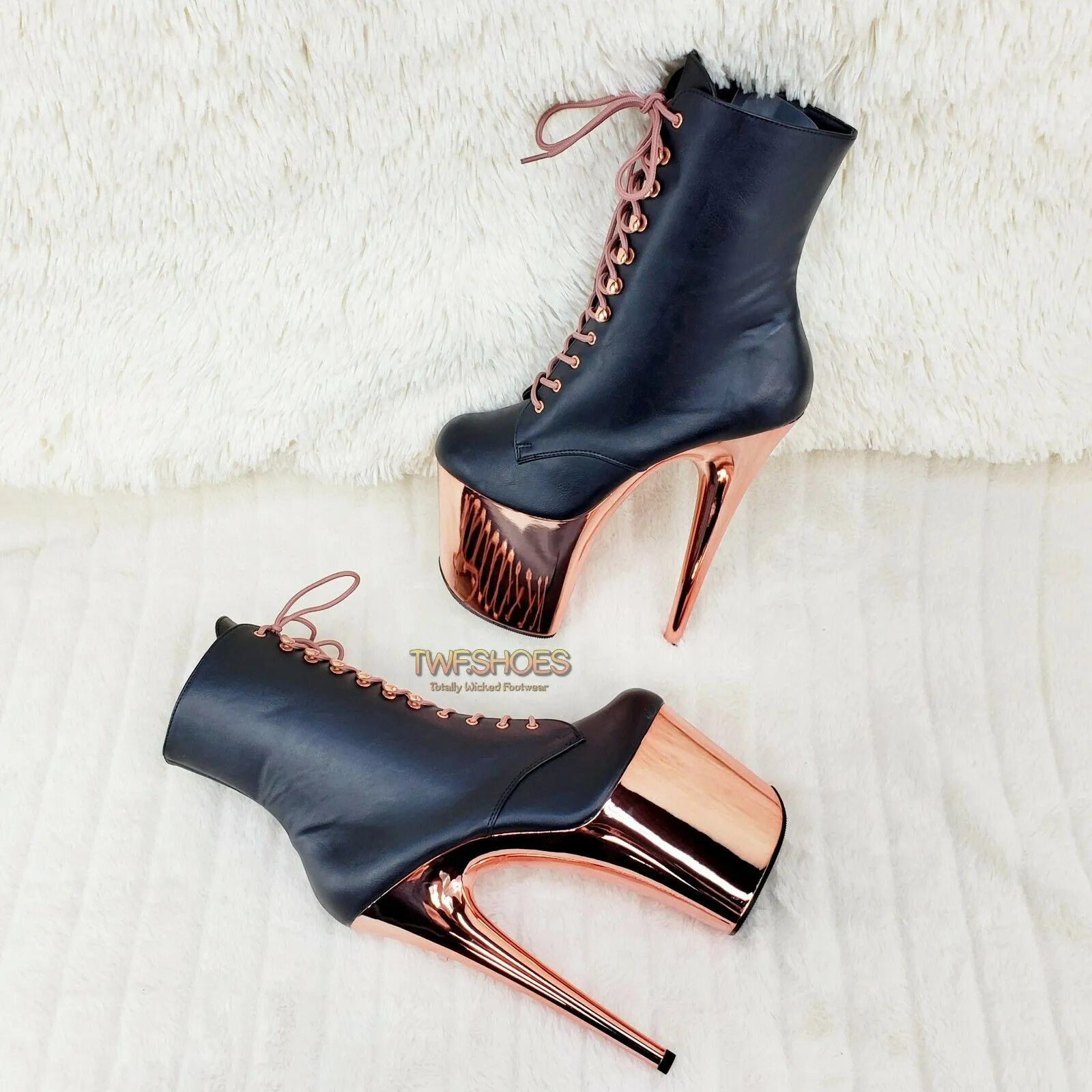 Flamingo 1020 Black Matte Rose Gold Platform 8" Heel Ankle Boots 10 & 12 NY