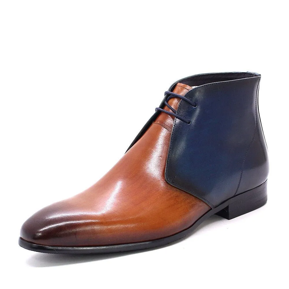 Handmade Midnight Blue & Brown Lace-Up Leather Chukka Boots