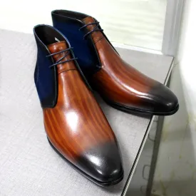 Handmade Midnight Blue & Brown Lace-Up Leather Chukka Boots