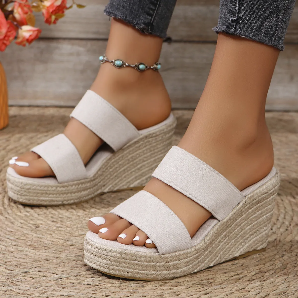 Peep toe slip on espadrille wedge sandals