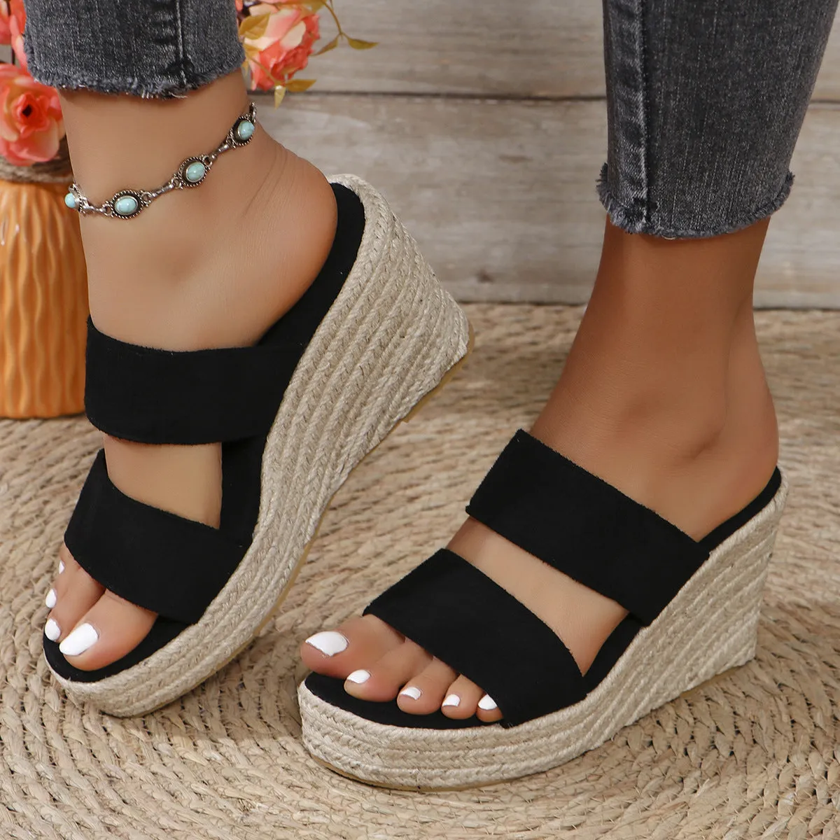 Peep toe slip on espadrille wedge sandals