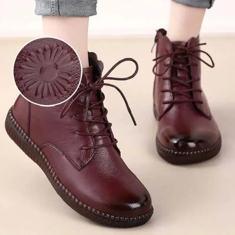 Simple Oxford Flat Leather Shoes Ladies Short Plush Boots Zipper