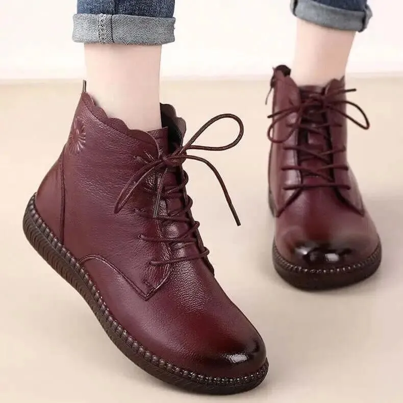 Simple Oxford Flat Leather Shoes Ladies Short Plush Boots Zipper
