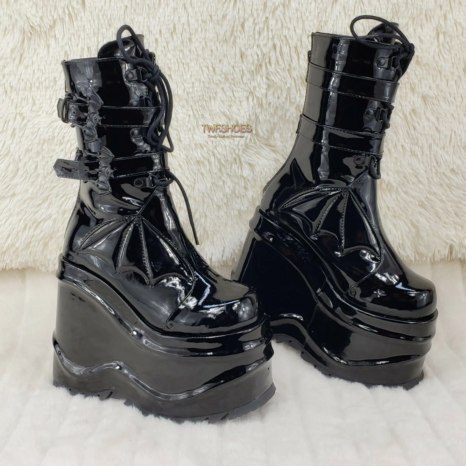 Wave 150 Bat Wing 6" Platform Goth Mid Calf Boots Black Patent In House