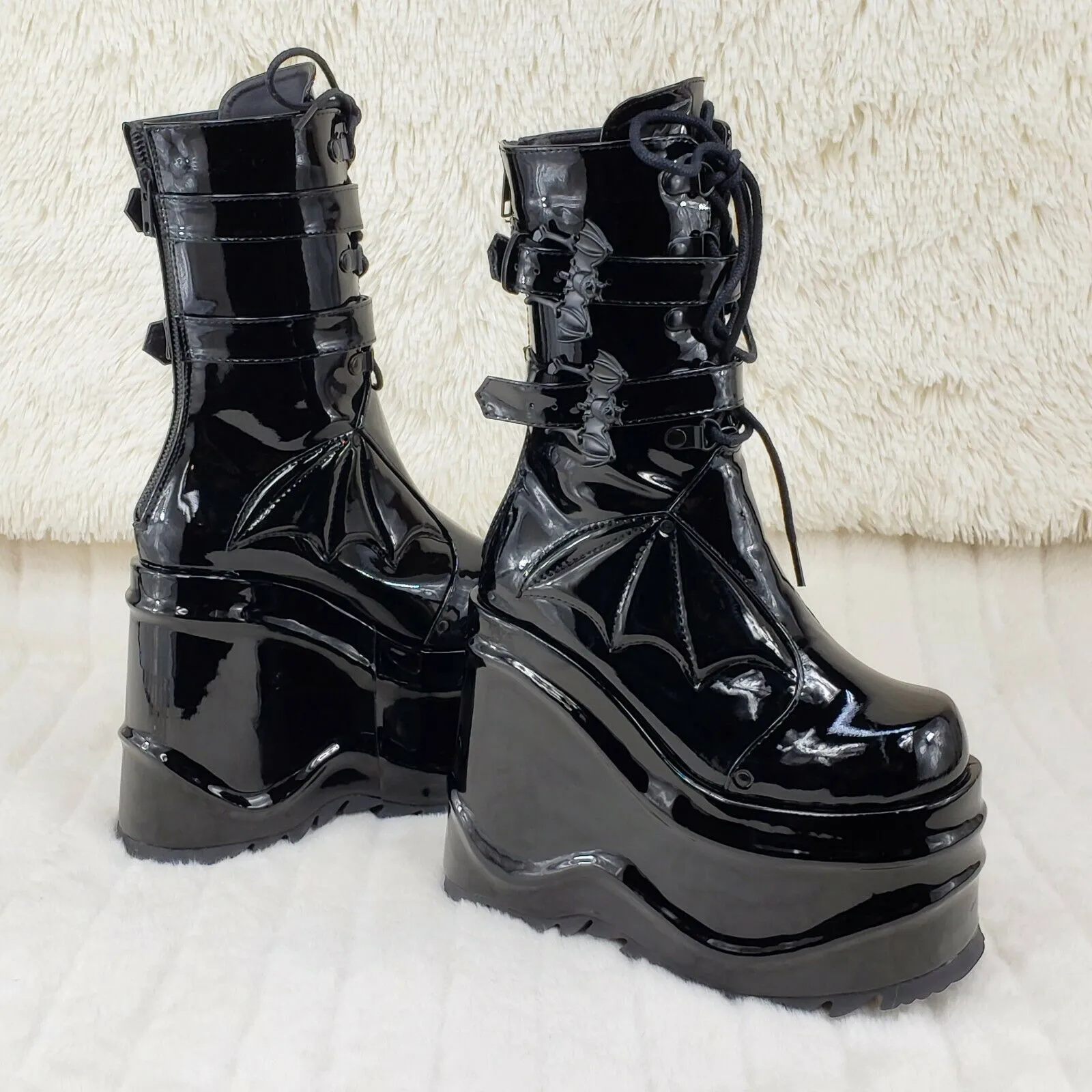 Wave 150 Bat Wing 6" Platform Goth Mid Calf Boots Black Patent In House