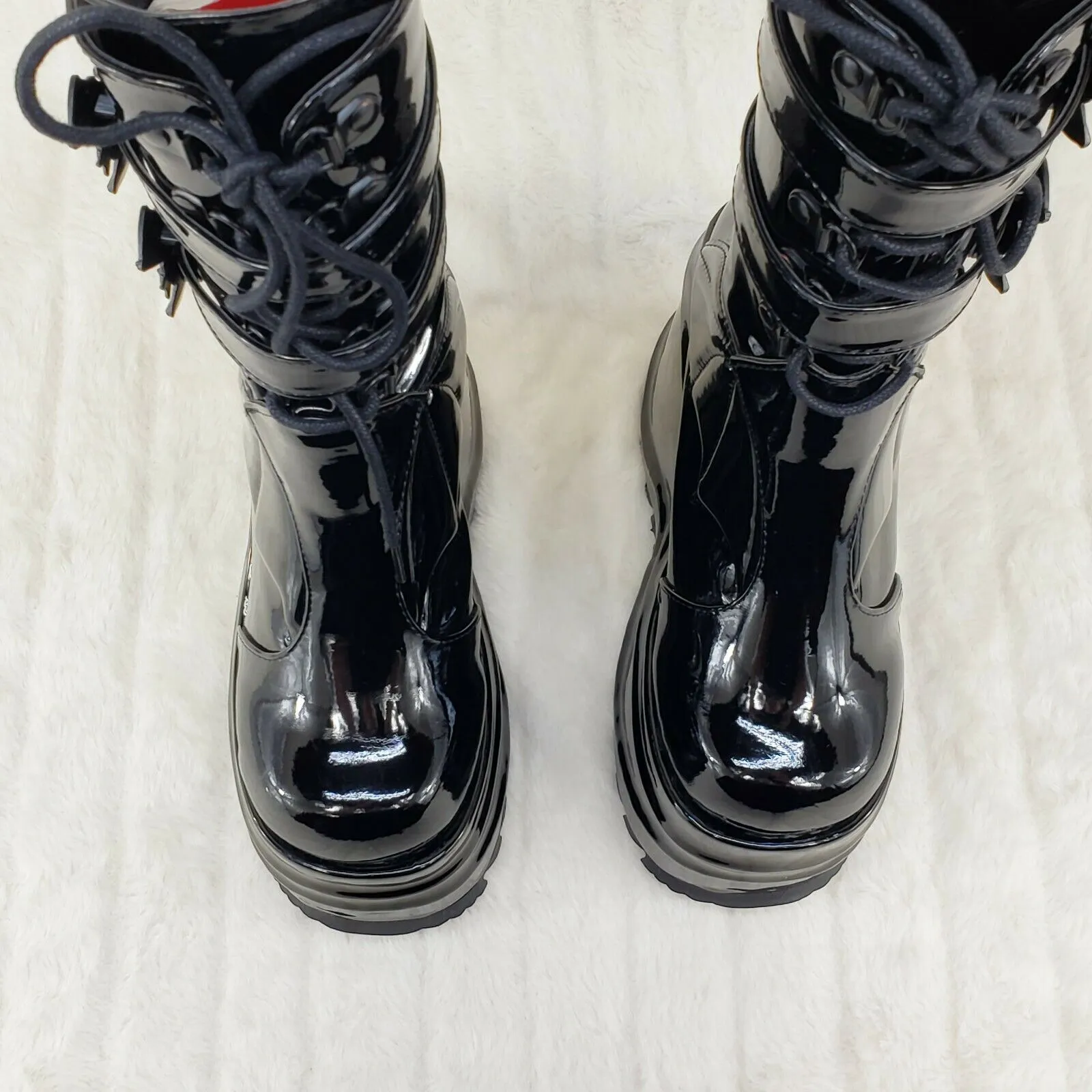 Wave 150 Bat Wing 6" Platform Goth Mid Calf Boots Black Patent In House