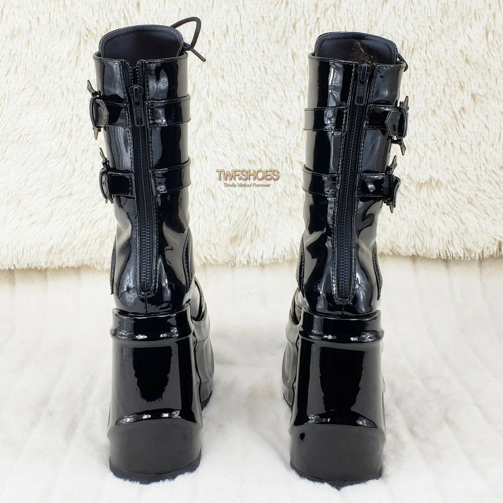Wave 150 Bat Wing 6" Platform Goth Mid Calf Boots Black Patent In House