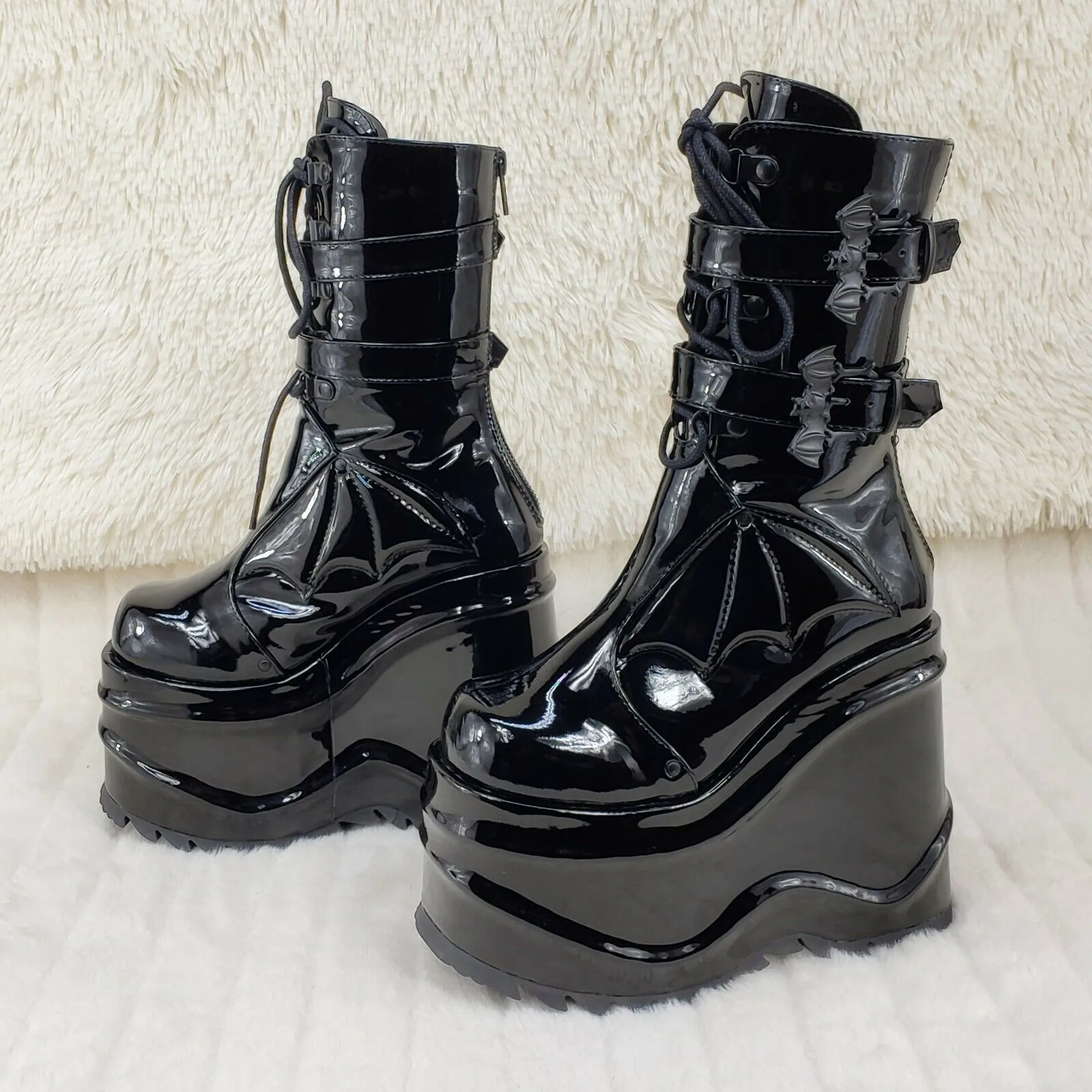 Wave 150 Bat Wing 6" Platform Goth Mid Calf Boots Black Patent In House