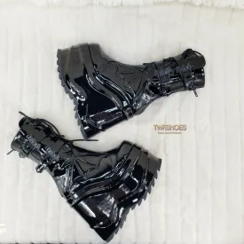 Wave 150 Bat Wing 6" Platform Goth Mid Calf Boots Black Patent In House