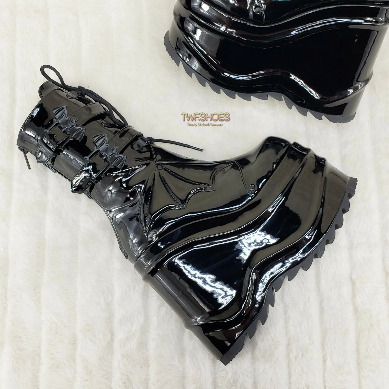 Wave 150 Bat Wing 6" Platform Goth Mid Calf Boots Black Patent In House