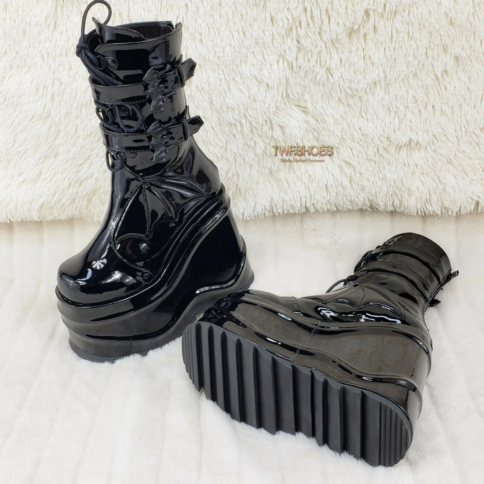 Wave 150 Bat Wing 6" Platform Goth Mid Calf Boots Black Patent In House