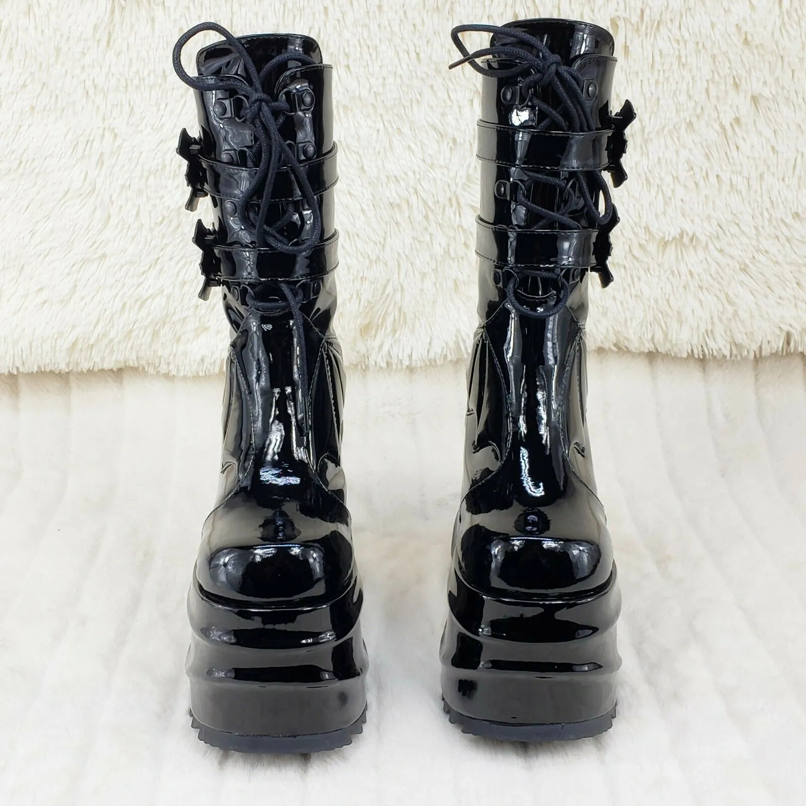 Wave 150 Bat Wing 6" Platform Goth Mid Calf Boots Black Patent In House